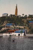 Távol kelti panorámás gobelin kép, apró hibákkal, nagyméretű, sérült keretben, 26×120 cm