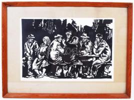 Bálványos Huba (1938-): Falusi kocsma. Linó, papír, jelzett, üvegezett keretben, 28×46 cm