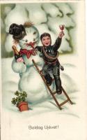 New year, snowman, chimney sweeper, litho