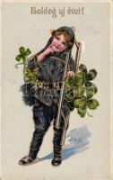 New Year, chimney sweeper, clover, Emb. litho (fl)