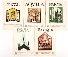 cca 1930-1940 5 db Olaszországgal foglalkozó utazási prospektus angol és francia nyelven (Perugia, Pavia, Parma, Aquila, Lucca) / tourist guides of Italy