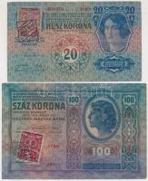 1912. 100K + 1913. 20K mindkettő csehszlovák bélyeggel és felülbélyegzéssel T:III Adamo K28Be, K17Be