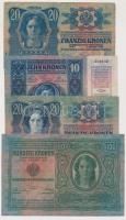 1912. 100K + 1913. 20K (2x) az egyik piros "Magyarország" körbélyegzővel + 1915. 10K minde...