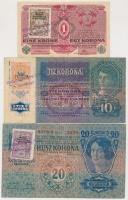 1913. 20K + 1915. 10K Deutschösterreich felülbélyegzéssel + 1916. 1K mindhárom 1/10/20 Para K.u.k. Montenegrói bélyeggel és pecsételéssel T:II-,III Adamo K17Be, K11Be, K3Be