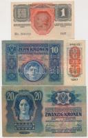 1913. 20K + 1915. 10K "Deutschösterreich" felülbélyegzéssel + 1916. 1K mindhárom 1/10/20 P...