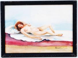 Szintay Eszter: fekvő akt. Akvarell, papír, jelzett, üvegezett keretben, 24×34 cm