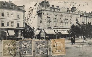 Arad, Salacz utca, Rónai A. János Központi szállodája, papír, Bloch H. Könyvnyomda és fényképészeti üzlet / street, Central Hotel with shop, TCV card (fl)