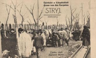 Stryi, Stryj; Üdvözlet a Kárpátokból, cigány vásár. Reklám kiadása / Gruss von den Karpaten, Zigeuner Markt / Greetings from the Carpathians, gypsy market