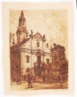 Baranszky Emil László (1877-1941): Belvárosi Ferences Templom. Rézkarc, papír, jelzett, külső rész csúnyán körbevágva, 23×17 cm