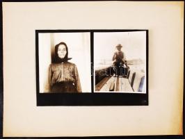 cca 1900-1910 Tiszai halász és a felesége, a háttérben a szegedi híd, 2 db fotó, albumlapra felragasztva, fotóméret 9x8 cm, karton 21x28 cm