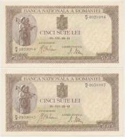 Románia 1941. 500L (2x) sorszámkövető T:II- Romania 1941. 500 Lei (2x) sequential serials C:VF Krause 51