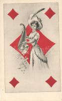 Francia kártyás művészlap, hölgy pénzzel / French card suit, lady with money s: E. Schiendl (lyuk / pinhole)