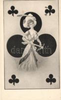 Francia kártyás művészlap, hölgy számszeríjjal / French card suit, lady with crossbow s: E. Schiendl
