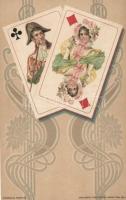 Francia kártyás művészlap / French card suit, Ferd. Piatnik & Söhne, Art Nouveau litho