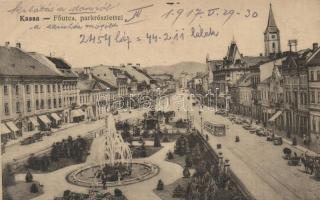 Kassa, Kosice; Fő utca, villamos, park / main street, park, tram