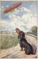 5 db RÉGI humoros tacskó kutyás művészlap / 5 unused pre-1945 humourous art postcards with dogs (Dachshund)