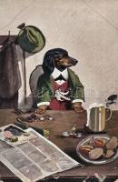 5 db RÉGI humoros tacskó kutyás művészlap / 5 unused pre-1945 humourous art postcards with dogs (Dac...