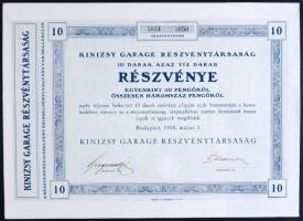 Budapest 1928. Kinizsy Garage Részvénytársaság 10db részvénye 30P-ről szelvényekkel T:I-