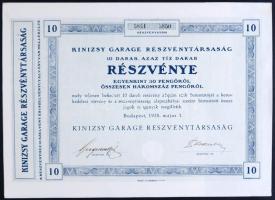 Budapest 1928. &quot;Kinizsy Garage Részvénytársaság&quot; 10db részvénye 30P-ről szelvényekkel T:I-