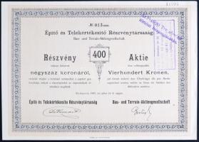 Budapest 1907. Építő- és Telekértékesítő Részvénytársaság részvénye 400K-ról szelvényekkel, felülbélyegzésekkel T:I-