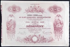 Kiskőrös 1930. &quot;Az Első Dunavidéki Takarékpénztár&quot; 2db részvénye egyenként 50P-ről szelvényekkel T:I-