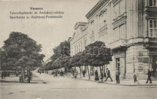 Versec, Takarékpénztár és Andrássy sétány; Gábor Lajos dohánytőzsde kiadása / promenade, bank