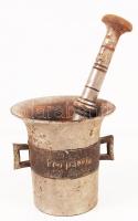 1914-1917 Füles hadi mozsár törővel, "Pro patria" felirattal, m: 14 cm, m: 26 cm. / Iron mortar.