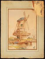 Schiler jelzéssel: Szélmalom. Akvarell, papír, sérült, 23×15 cm