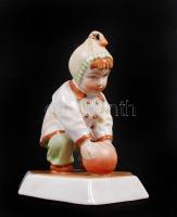 Labdával játszó gyermeket ábrázoló kézzel festett jelzett Zsolnay porcelán figura hibátlan állapotban Sinkó jelzéssel/ Handpainted Zsolnay chinaware figure in flawless condition 14x12cm