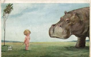 Gyerek vizilóval s: W. Scheivan, 'Who on earth are you?' Hippo with child s: W. Scheivan