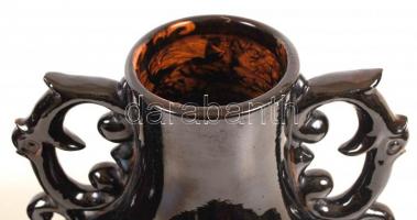 Badár Balázs (1855-1938): Füles váza pár, mázas kerámia, apró máz hibákkal, jelzett, m:28 cm