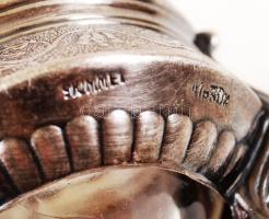 Ezüstözött fém fűszertartó edényke pár, üveggel és egy db kanállal, jelzett, d:5 cm / spice holder