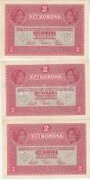 1917. 2K zöld "Deutschösterreich" felülbélyegzéssel (3x) sorszámkövetők T:II-/III (szép pa...