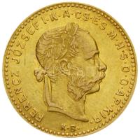 1887KB 4Ft/10Fr Au "Ferenc József / Középcímer" (3.21g/0.900) T:2- Hungary 1887. 4 Forint/10 Francs Au "Franz Joseph / Coat of Arms" Kremnitz (3.21g/0.900) C:VF Unger III.: 1455.a, Huszár: 2121., Adamo M22