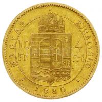 1880KB 4Ft/10Fr Au "Ferenc József / Középcímer" (3.22g/0.900) T:2-
Hungary 1880. 4 Forint/...