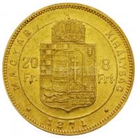 1871GYF 8Ft/20Fr Au "Ferenc József / Középcímer" (6.46g/0.900) T:2,2-
Hungary 1871. 8 Fori...