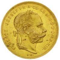 1876KB 8Ft/20Fr Au "Ferenc József / Középcímer" (6.47g/0.900) T:2,2- Hungary 1876. 8 Forint/20 Francs Au "Franz Joseph / Coat of Arms" Kremnitz (6.47g/0.900) C:aXF Unger III.: 1453.a, Huszár: 2115., Adamo M23