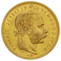 1877KB 8Ft/20Fr Au "Ferenc József / Középcímer" (6.45g/0.900) T:2,2- Hungary 1877. 8 Forint/20 Francs Au "Franz Joseph / Coat of Arms" Kremnitz (6.45g/0.900) C:aXF Unger III.: 1453.a, Huszár: 2115., Adamo M23