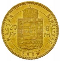 1891KB 8Ft/20Fr Au "Ferenc József / Fiumei címer" (6.45g/0.900) T:2,2-
Hungary 1891. 8 For...