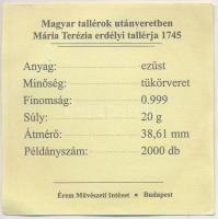 Magyar tallérok utánveretben "Mária Terézia erdélyi tallérja 1745" Ag emlékérem (20g/0.999...