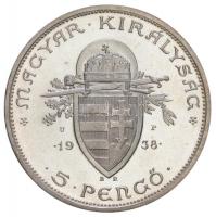 1938. 5P Ag "Álló Szent István" U.P. jelzéssel kétoldalt (36mm/25g) T:PP Csak 1000db!
Hung...
