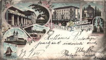 1899 Balatonfüred, Clotild udvar, vitorlás, Tihanyi templom, Ipoly udvar, templom, Kisfaludy szobor, floral, litho (kis lyuk / pinhole)