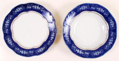 Zsolnay Pompadour lapos és leveses tányér, kézzel festett, jelzett, hibátlan, d:23,5 és 24 cm