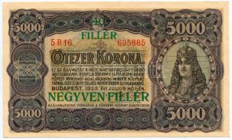 1923. 5000K T.W nyomdahely jelöléssel "40 FILLÉR / NEGYVEN FILLÉR" felülbélyegzéssel T:I- Hungary 1923. 5000 Korona with "40 FILLÉR / NEGYVEN FILLÉR" overpint C:AU Adamo K39B