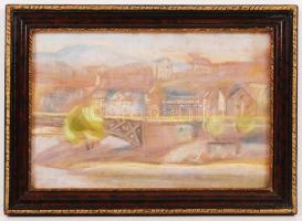 Hahnné Virág Terézia (1896-): Budai látkép a Margit-híddal. Pasztell, papír, jelzett, üvegezett keretben, 26×39 cm