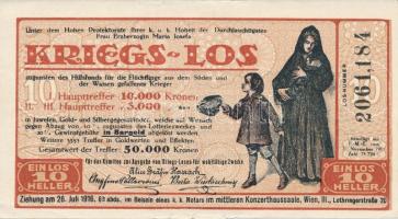 Ausztria 1916. Mária Jozefa főhercegnő jótékonysági sorsjegye 10h értékben T:I-/II (hajtatlan) Austria 1916. Charity lottery ticket of Archduchess Maria Josefa about 10 Heller C:AU/XF (unfolded)