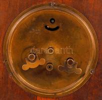 Art-deco asztali csörgőóra, működik, faragott fa ház fém borítással, m:36 cm