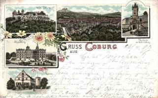 1897 Coburg, Ehrenburg Palace, fortress, tower, Rosenau, floral, litho (EK)