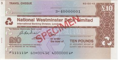 Nagy-Britannia DN National Westminster Bank Limited 10Ł SPECIMEN utazási csekk T:I Great Britain ND National Westminster Bank Limited 10 Pounds SPECIMEN 10 Pounds SPECIMEN travel cheque C:UNC