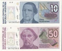 Argentina 1985-1989. 10A + 1986-1989. 50A T:I Argentina 1985-1989. 10 Australes + 1986-1989. 50 Australes C:UNC